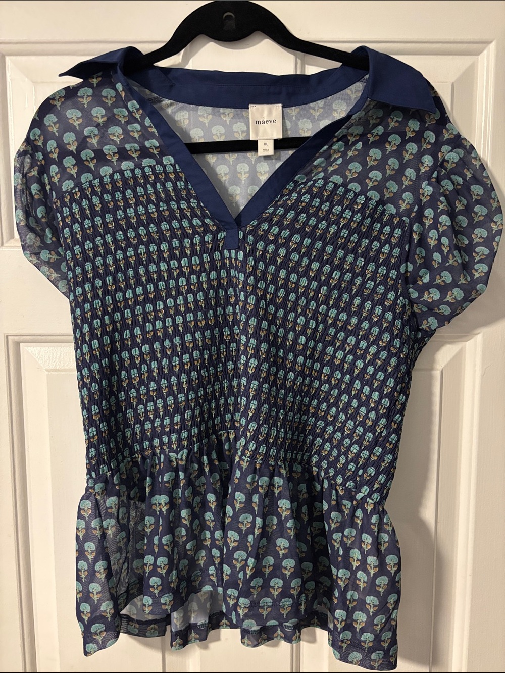 Maeve Navy Blue Women’s Floral Smocked Peplum Top Size XL